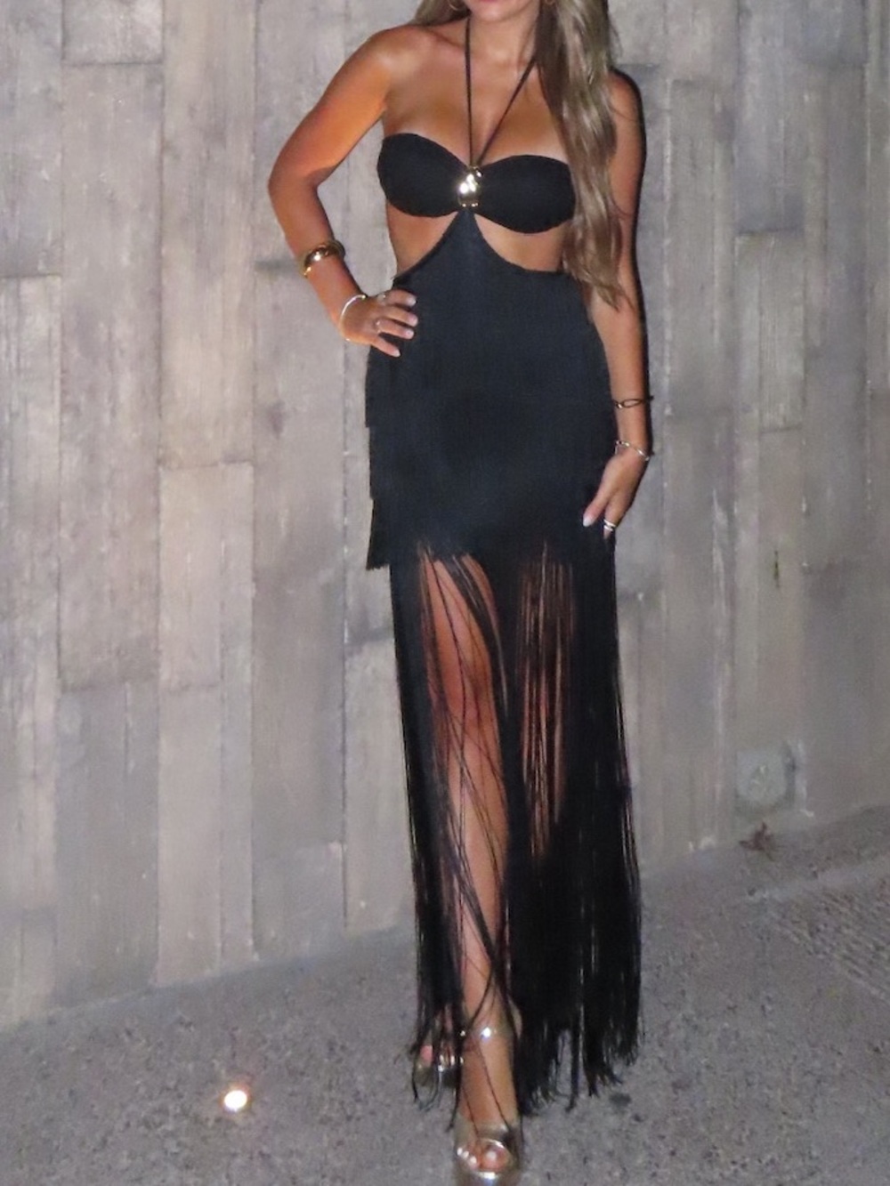 Fashion Nova Black Strapless Fringe Cutout Maxi Dress